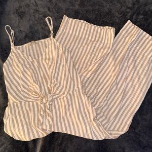 LOFT Beige and White Linen Jumpsuit